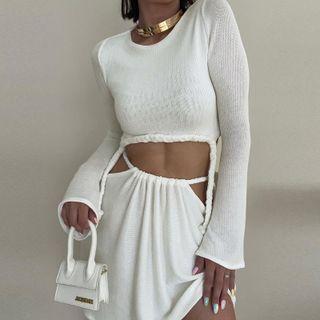 Set: Plain Long-sleeve Cropped Sweater + Plain High-waist Cut-out Mini Skirt