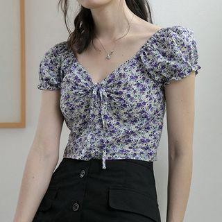 Puff-sleeve V-neck Floral Top