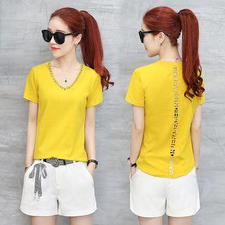 Set: V-neck Short-sleeve Studded Top + Shorts