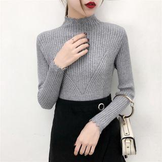 Lettuce Edge Ribbed Long-sleeve Knit Top