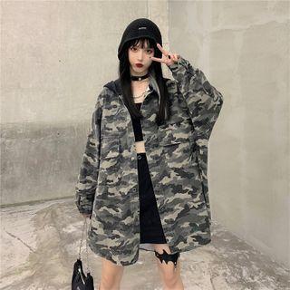 Camo Print Hooded Jacket As Shown In Figure - One Size