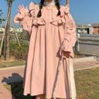 Long-sleeve Heart Embroidered Frill Trim Shift Dress Pink - One Size