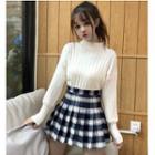 Mock Neck Sweater / Plaid Pleated Mini Skirt