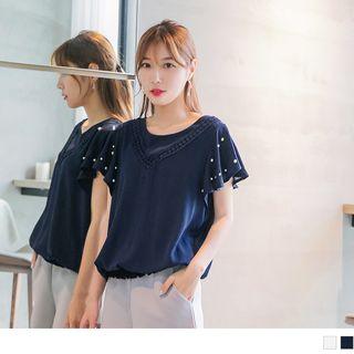 Beaded Flutter Sleeve V-neck Lace Panel Top