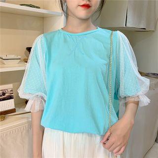 Mesh Panel Puff-sleeve T-shirt