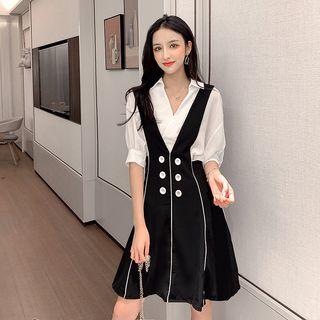 Set: Elbow-sleeve Top + Pinafore Dress