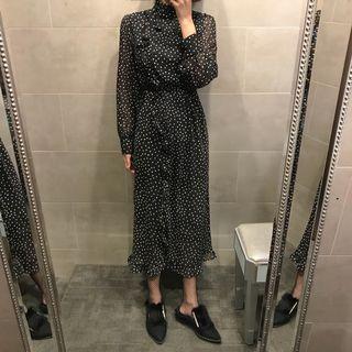 Dotted Chiffon Long-sleeve Midi Dress