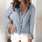V-neck Ruffle Trim Dotted Blouse