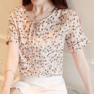 Short-sleeve Leaf Print Chiffon Top