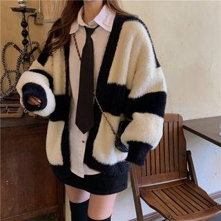 Color Block Furry Cardigan Black & White - One Size