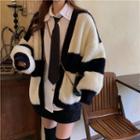 Color Block Furry Cardigan Black & White - One Size