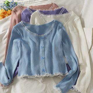Lace-trim Button-up Crop Knit Top In 5 Colors