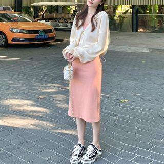 Plain Zip-up Hoodie / Spaghetti-strap Midi Sheath Dress / Set