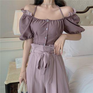 Cutout-sleeve Ruffled Button Top As Shown In Figure - One Size