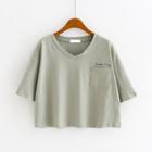 V-neck Pocket Detail Elbow-sleeve T-shirt Army Green - One Size
