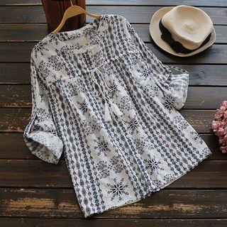 Long-sleeve Drawstring Patterned Blouse