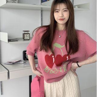 Elbow-sleeve Fruit Jacquard Sweater