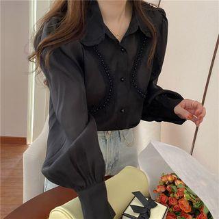 Lantern-sleeve Mesh Trim Shirt Black - One Size