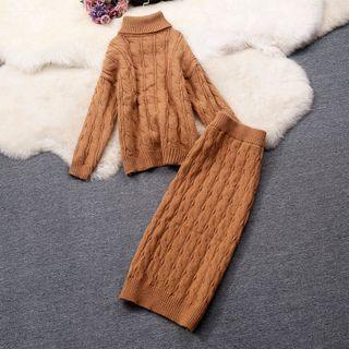 Set: Turtleneck Cable Knit Sweater + Midi Skirt