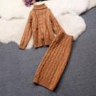 Set: Turtleneck Cable Knit Sweater + Midi Skirt