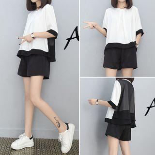 Set: Elbow-sleeve Two-tone Blouse + Plain Shorts