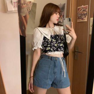 Short-sleeve Top / Floral Print Camisole Top / Denim Shorts