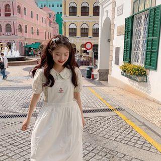 Flower Embroidered Midi A-line Overall Dress White - One Size