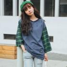 Plaid Panel 3/4 Sleeve Pullover