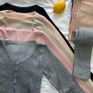 Set: Lace-trim Long-sleeve Top + Leggings