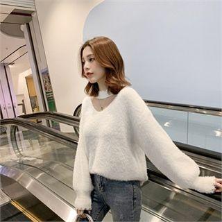 Choker-neck Furry Knit Top