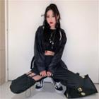High-waist Cutout Drawstring-cuff Pants Black - One Size