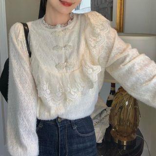 Long-sleeve Ruffle Lace Blouse Almond - One Size