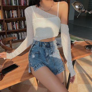 Set: Long-sleeve Off-shoulder Cropped Knit Top + Camisole Top