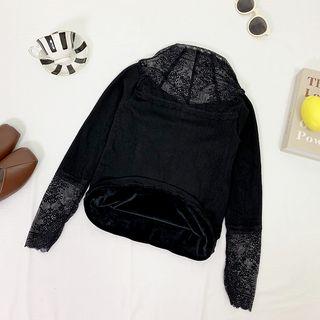 Mock-turtleneck Lace Panel Long-sleeve Top Black - One Size