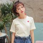 Heart Embroidered Short-sleeve T-shirt White - One Size