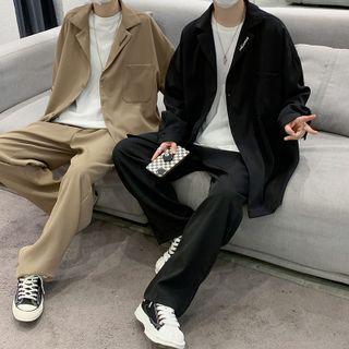 Set: Lettering Single-breasted Blazer + Wide Leg Dress Pants