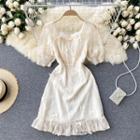 Square-neck Butterfly-accent Puff-sleeve Lace Dress