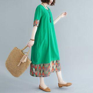 Elbow-sleeve Print Panel Midi T-shirt Dress