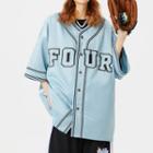Elbow-sleeve Lettering Button-up T-shirt