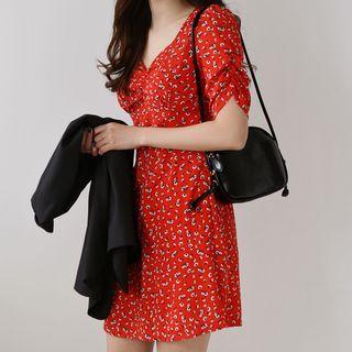 Sweetheart-neck Shirred-trim Floral Dress