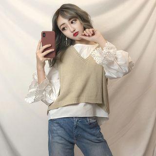 V-neck Knit Vest / 3/4-sleeve Blouse