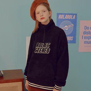 Zip-front Letter Patch Fleece Top Black - One Size