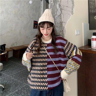 Geometric Pattern Color Block Sweater Wine Red & Blue & Curcumin - One Size