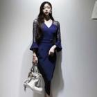 Lace-sleeve Asymmetric Sheath Dress