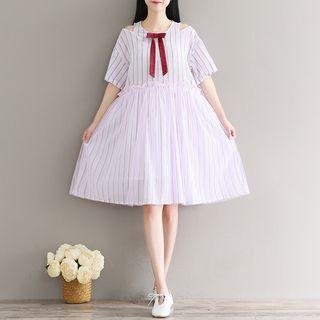 Bow Accent Striped Cut Out Shoulder Elbow Sleeve Mesh Overlay Dress