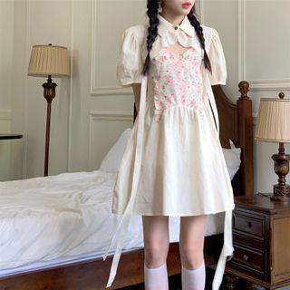 Short-sleeve Cut-out Top / Floral Printed Panel Strappy Dress