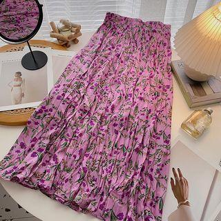 Floral Midi A-line Skirt Purple - One Size