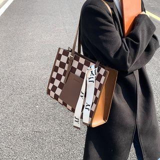 Check Faux Leather Tote Bag
