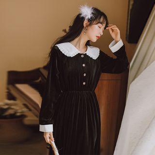 Contrast Color Collared Velvet Dress