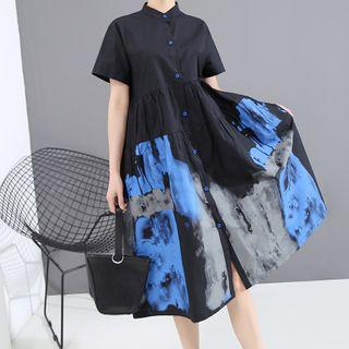 Printed Short-sleeve Midi Shirt Dress Black - One Size